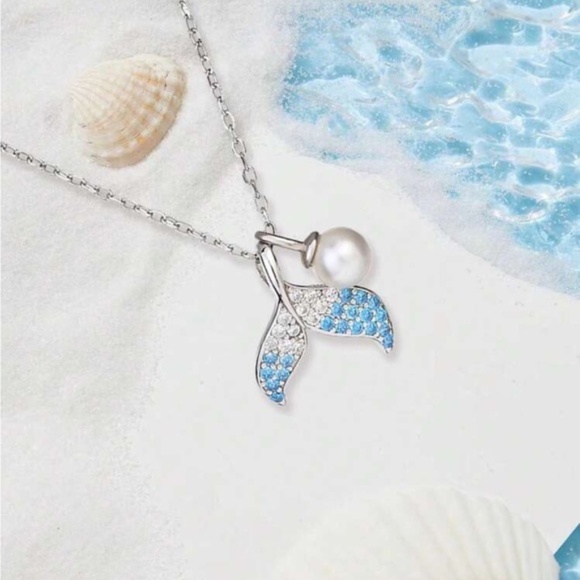 Silver Blue Rhinestone Mermaid Tail Pendant Necklace - Picture 1 of 2